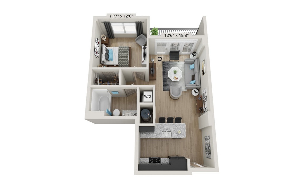 A1A - 1 bedroom floorplan layout with 1 bath and 742 square feet.