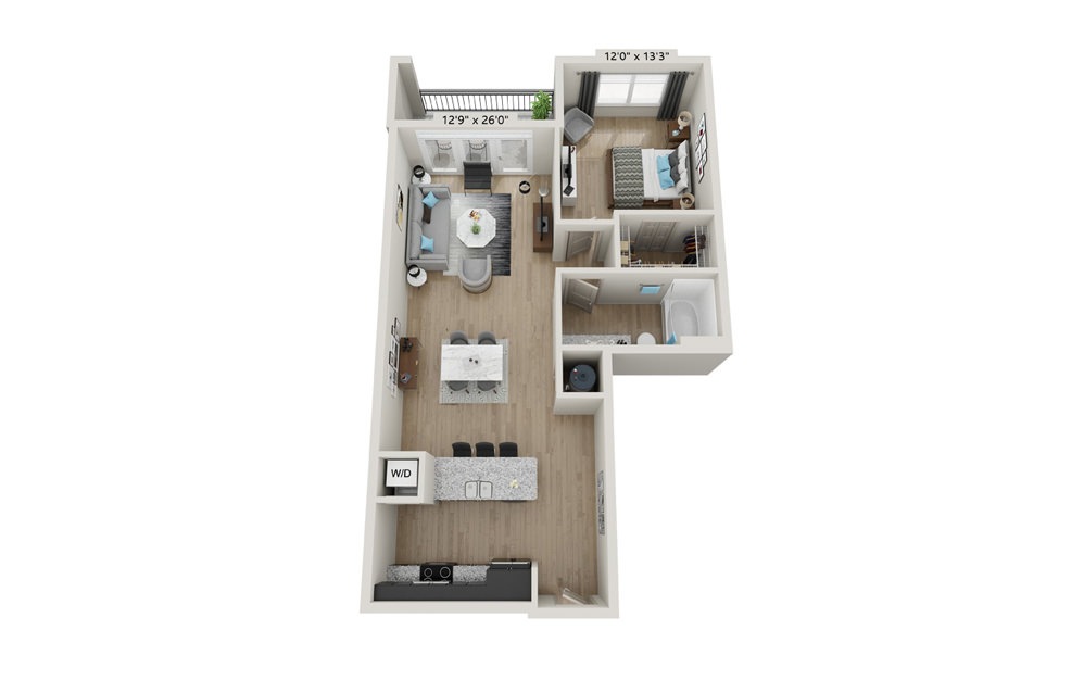 A4 - 1 bedroom floorplan layout with 1 bathroom and 855 square feet