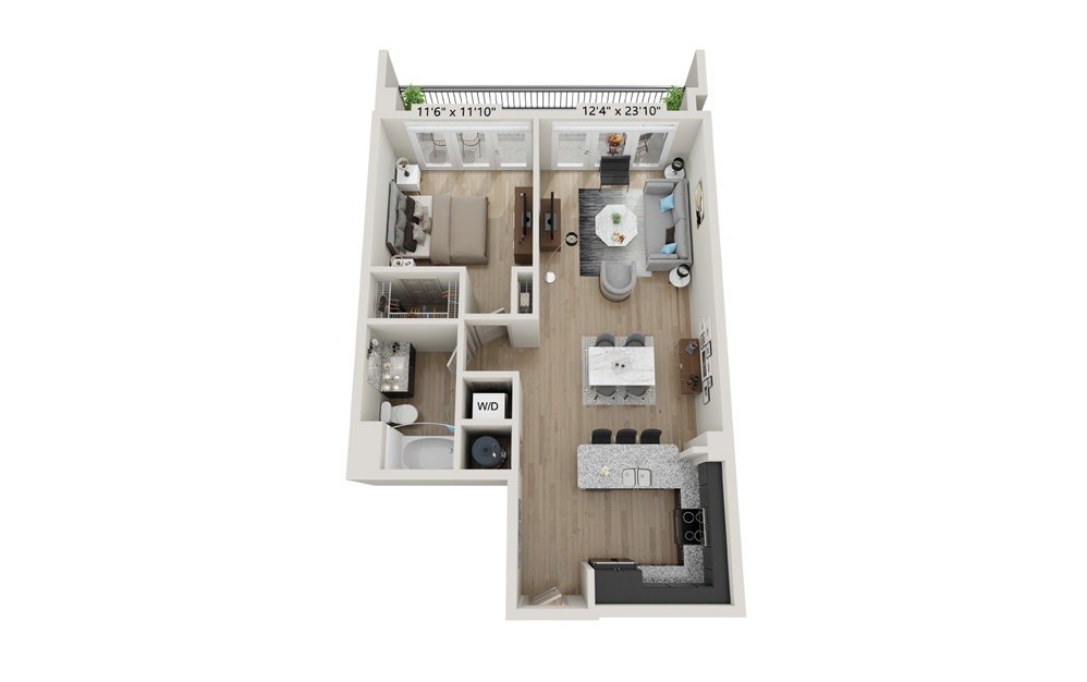 A5 - 1 bedroom floorplan layout with 1 bathroom and 808 square feet