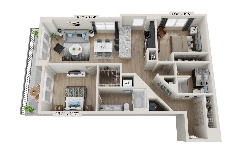 B1M - 2 bedroom floorplan layout with 2 baths and 1219 square feet.