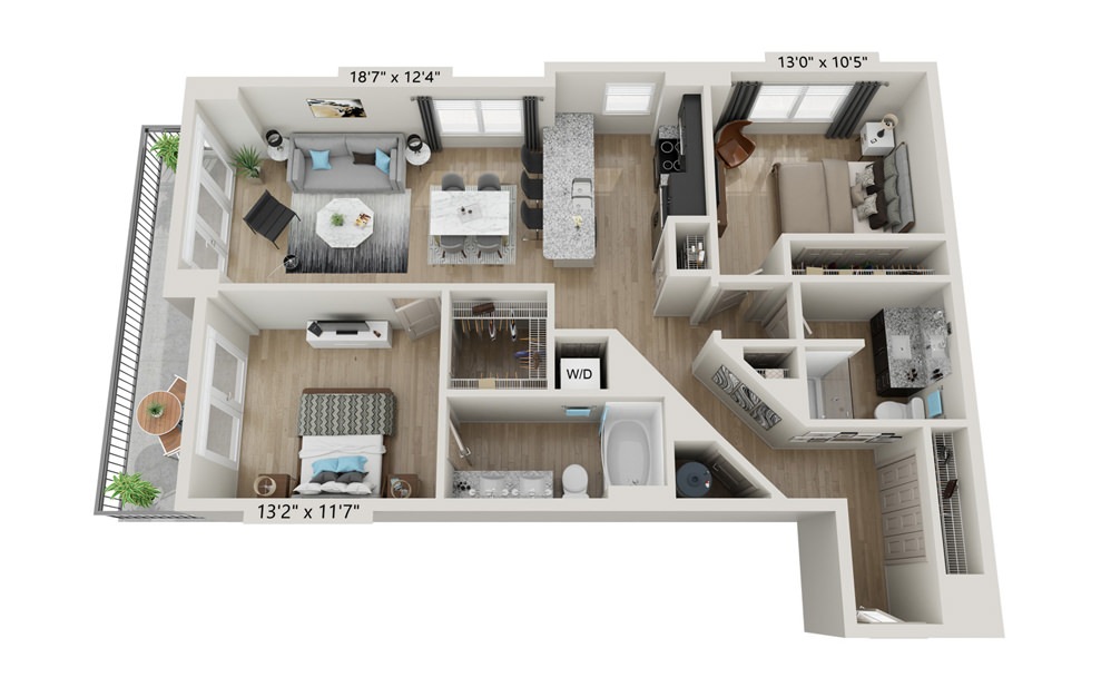 B1 - 2 bedroom floorplan layout with 2 bathrooms and 1188 square feet