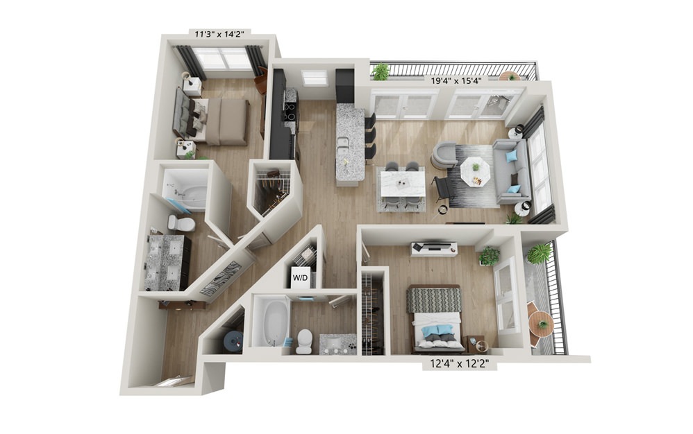 B2 - 2 bedroom floorplan layout with 2 bathrooms and 1226 square feet