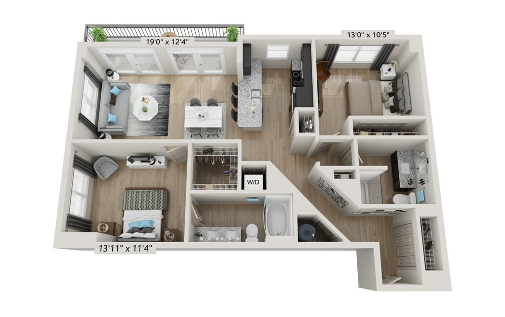 B3 - 2 bedroom floorplan layout with 2 bathrooms and 1183 square feet