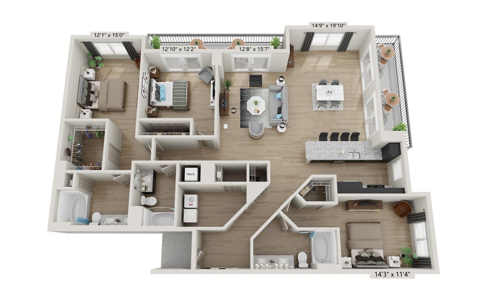 C1 - 3 bedroom floorplan layout with 3 bathrooms and 2011 square feet