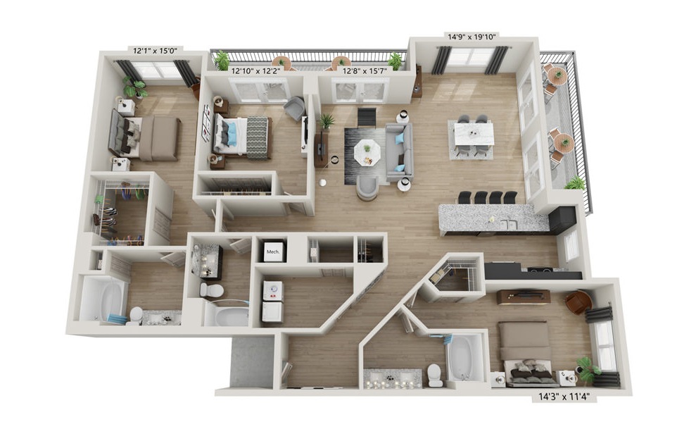 C1 - 3 bedroom floorplan layout with 3 baths and 2011 square feet.