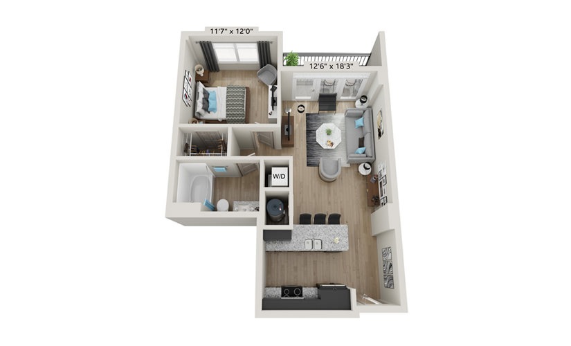 A1 - 1 bedroom floorplan layout with 1 bathroom and 685 square feet