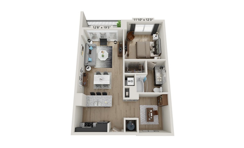 A3 - 1 bedroom floorplan layout with 1 bathroom and 785 square feet