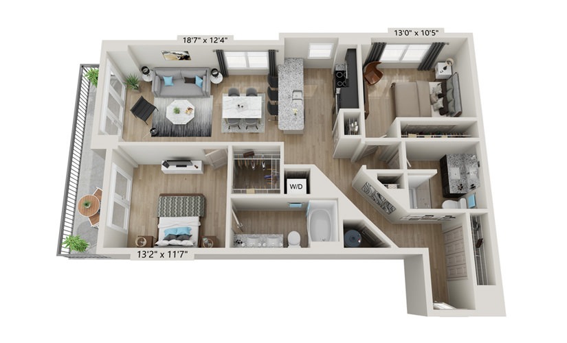 B1 - 2 bedroom floorplan layout with 2 bathrooms and 1188 square feet