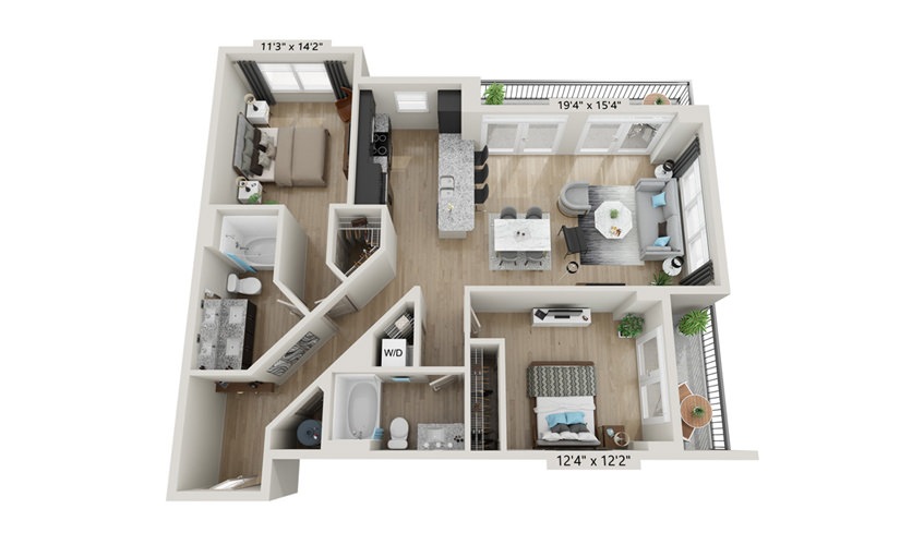 B2 - 2 bedroom floorplan layout with 2 bathrooms and 1226 square feet