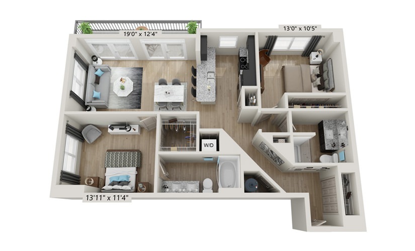 B3 - 2 bedroom floorplan layout with 2 bathrooms and 1183 square feet