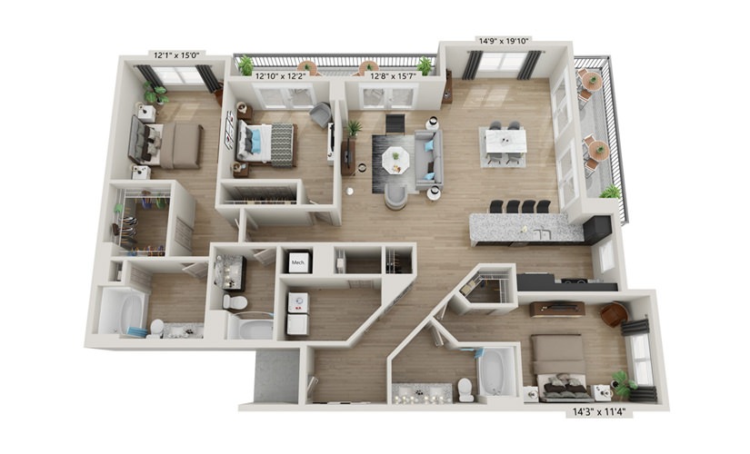 C1 - 3 bedroom floorplan layout with 3 bathrooms and 2011 square feet