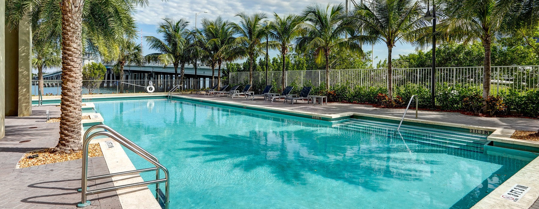 outdoor pool lined by tropical trees and foliage